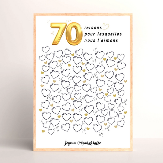Affiche personnalisée 70 raisons pour lesquelles nous t'aimons - Livre d'OR 70 ans