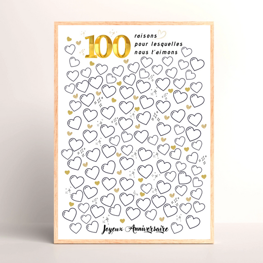 Affiche personnalisée 100 raisons pour lesquelles nous t'aimons - Livre d'OR 100 ans