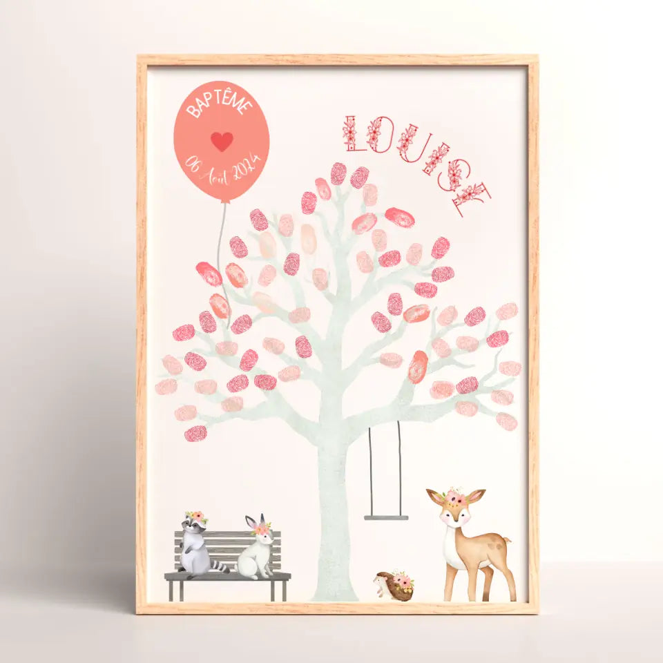 Affiche personnalisée - Baptême ou Anniversaire arbre à empreintes aniPlume Revedor