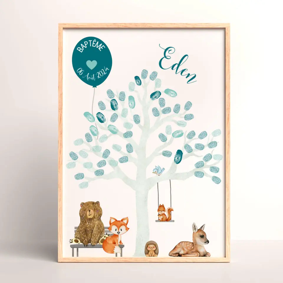 Affiche personnalisée - Baptême ou Anniversaire arbre à empreintes aniPlume Revedor