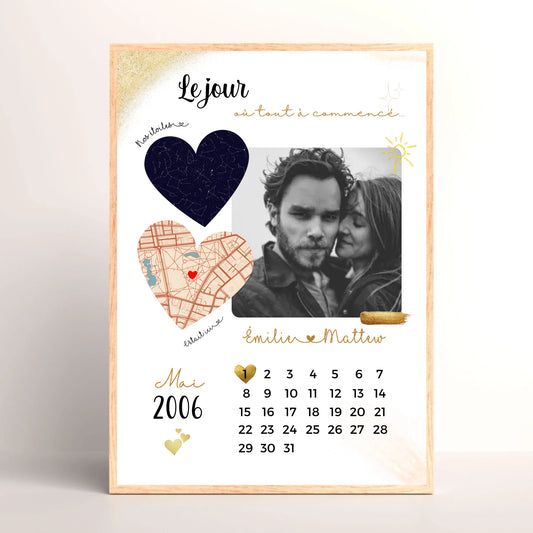 Affiche Personnalisée - couple Calendrier date, photo, Plan et Carte dPlume Revedor