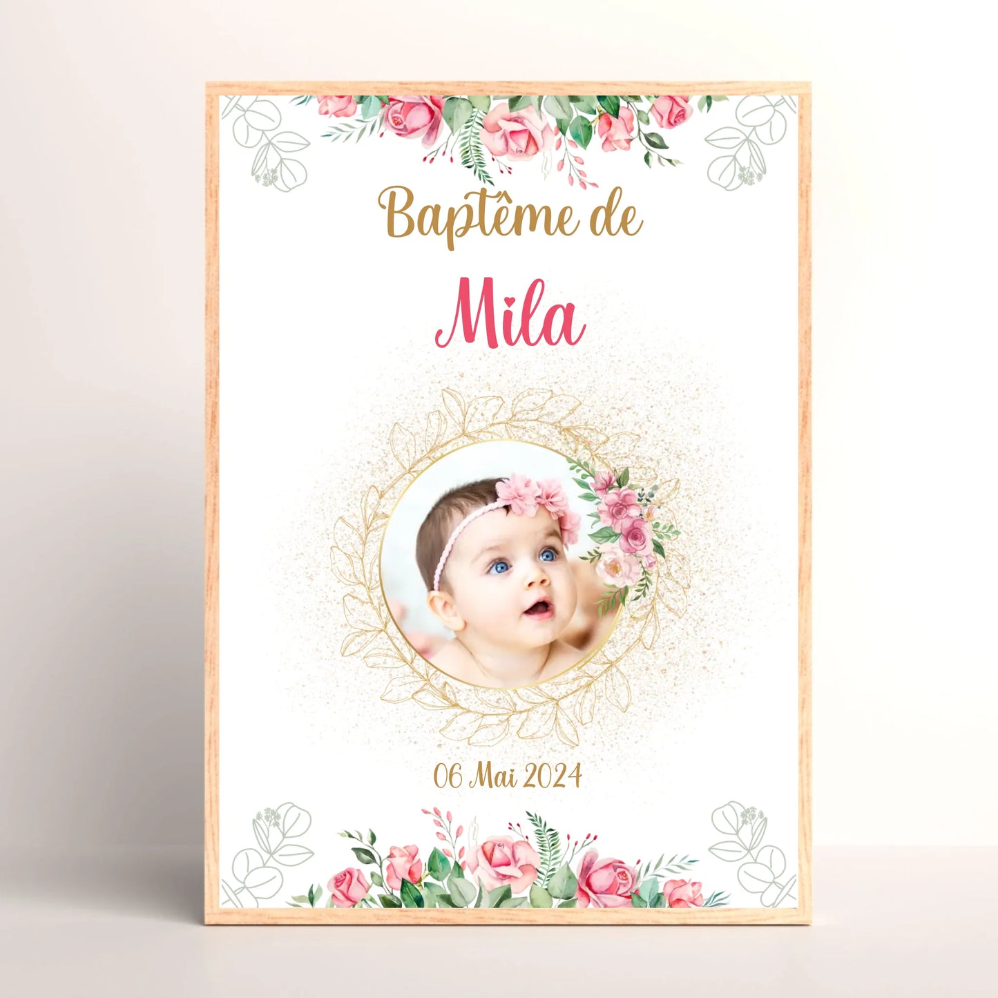 Affiche personnalisée Baptême ou Anniversaire arbre à empreintes baptême "Bohème Roses"