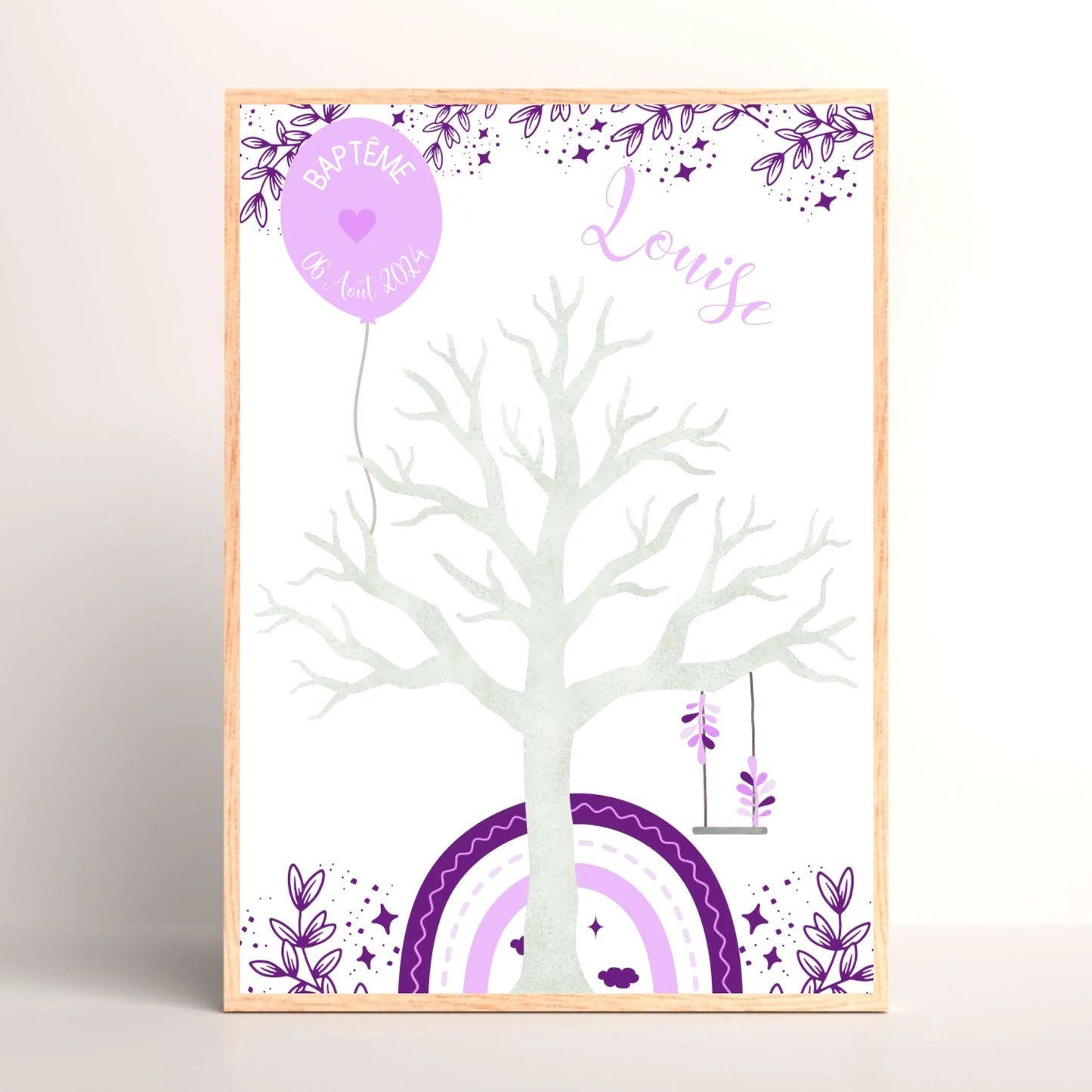 Affiche personnalisée - Baptême ou Anniversaire arbre à empreintes arc-en-ciel violet