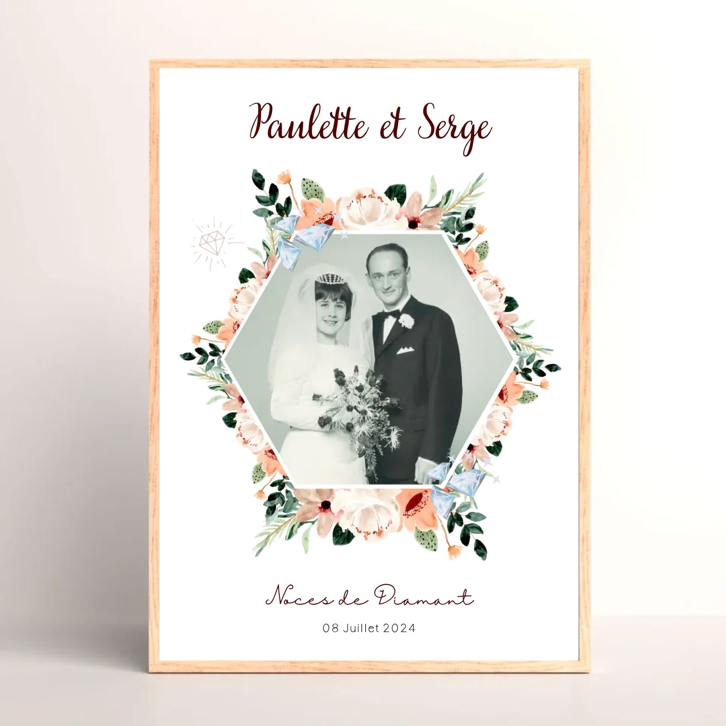 Cadre Personnalisé Noces de Diamant - Cadeau anniversaire de Mariage