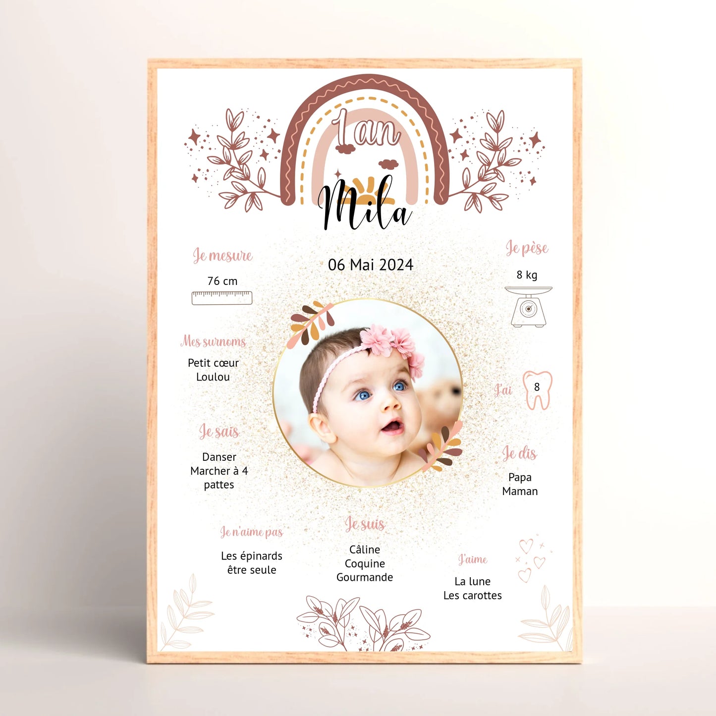 Cadre personnalisé Baptême ou Anniversaire "Bohème Roses"
