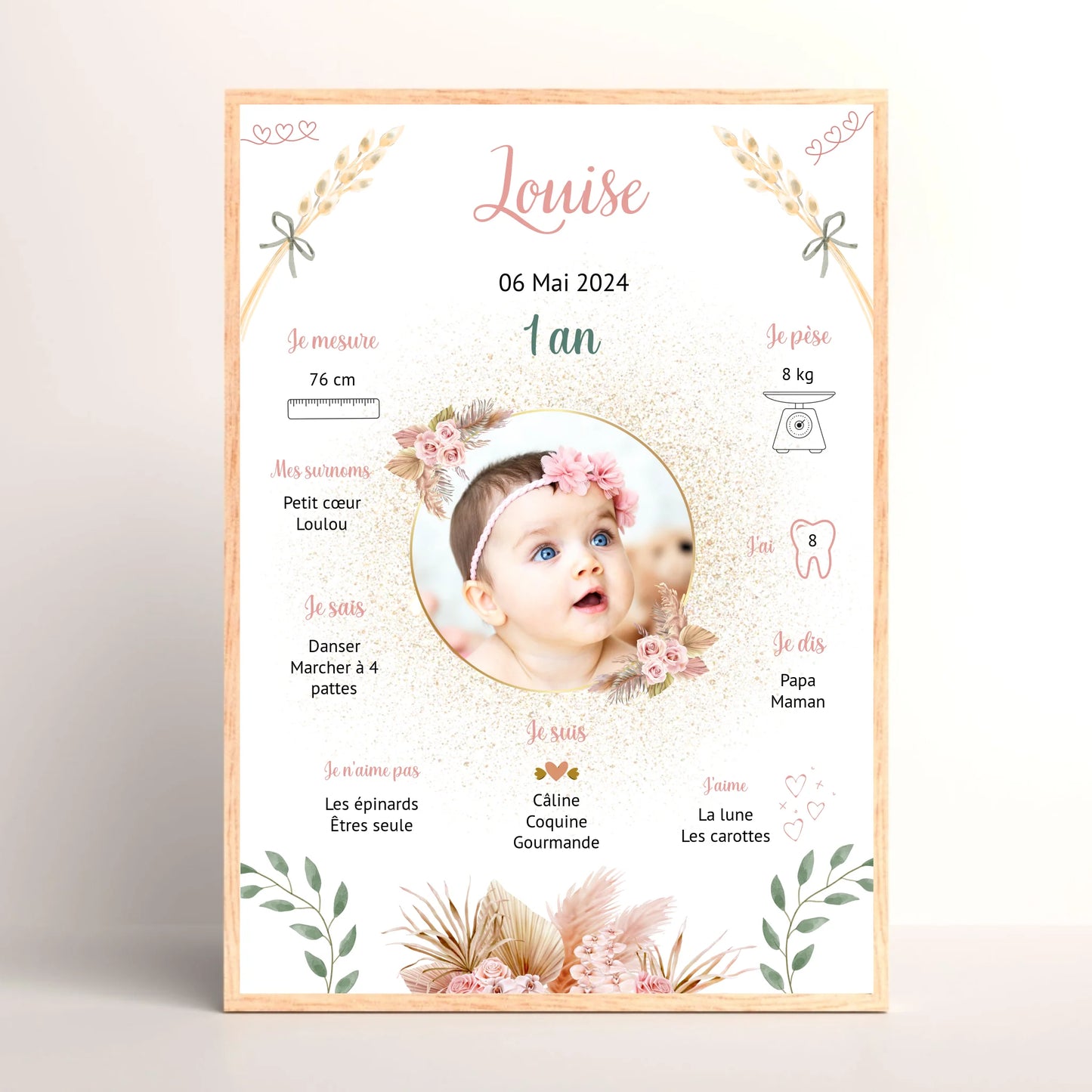 Cadre personnalisé Baptême ou Anniversaire "Bohème Roses"