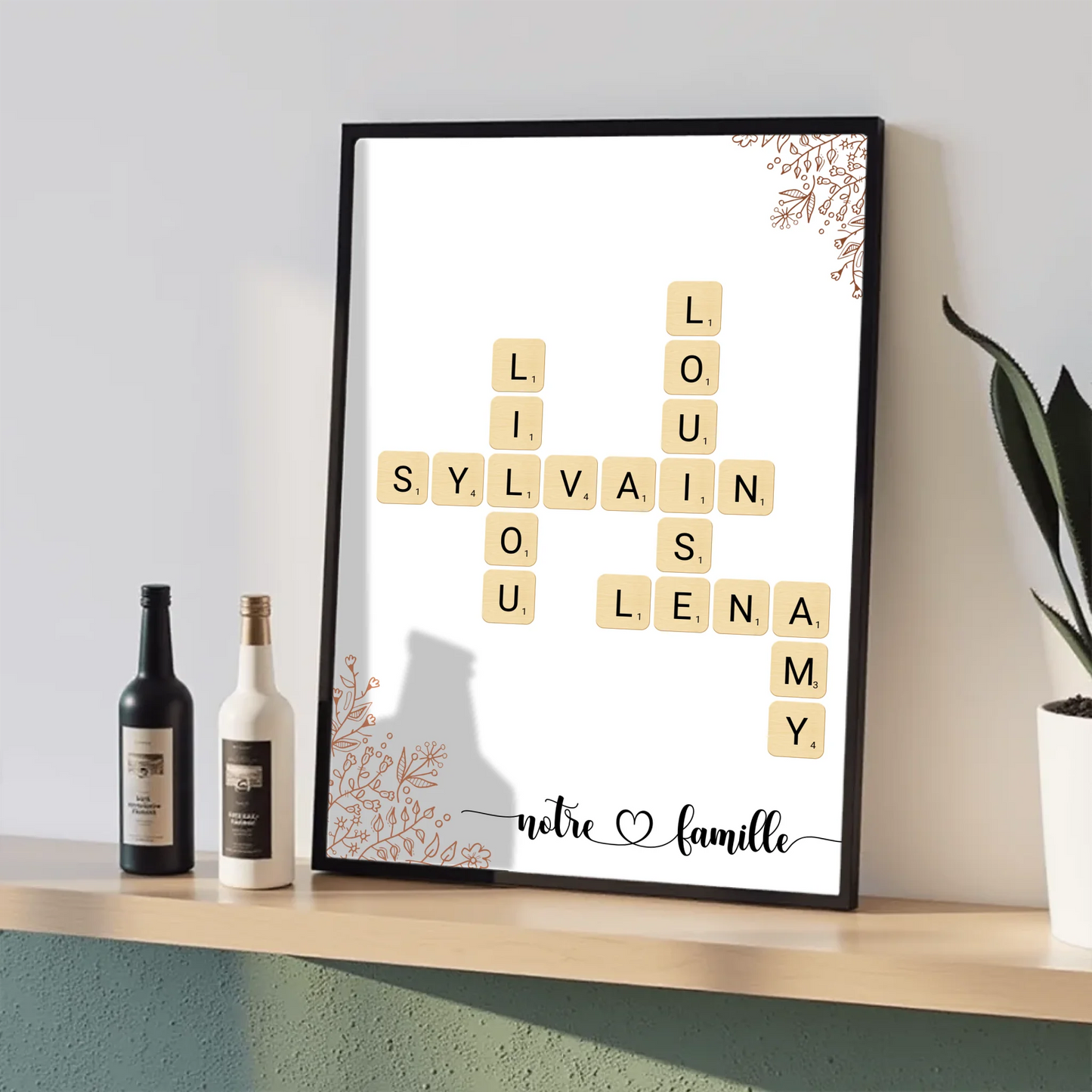 Affiche prénoms croisés famille personnalisée avec illustration florale