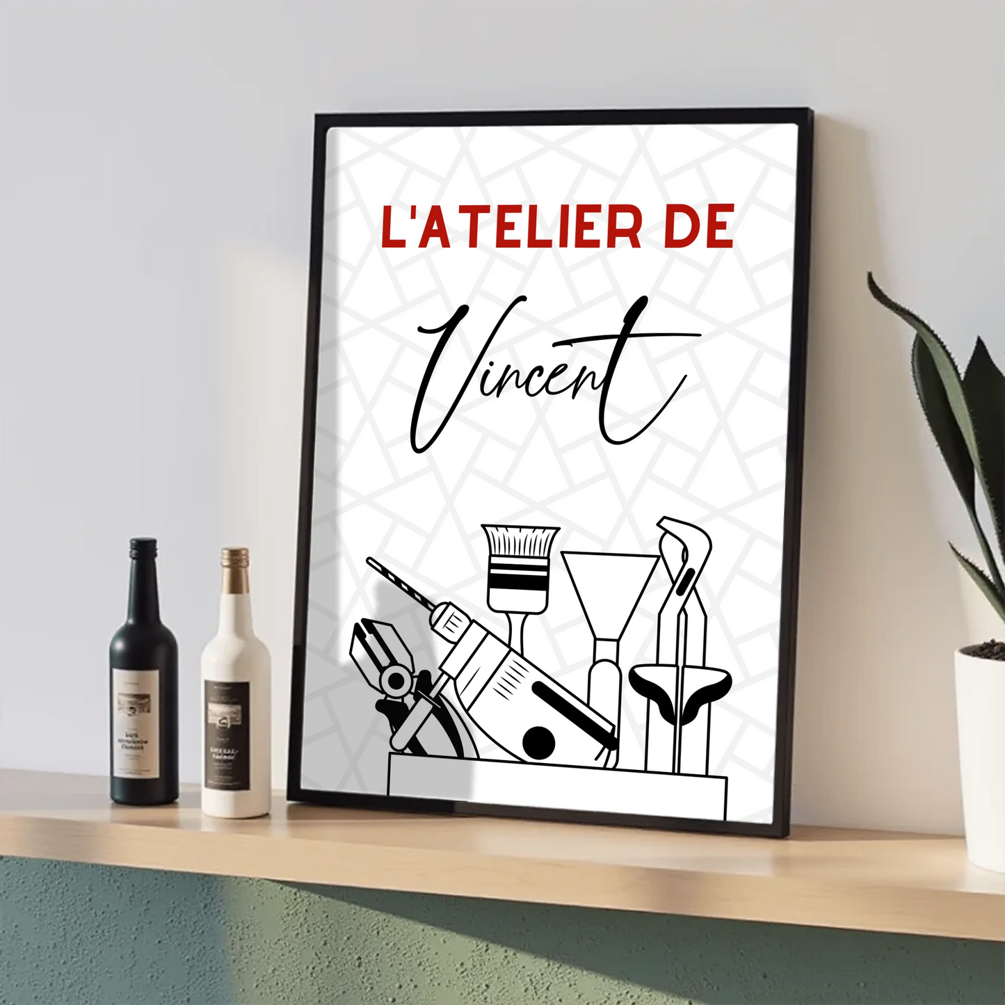 Poster déco atelier homme avec perceuse, pince et pinceau
