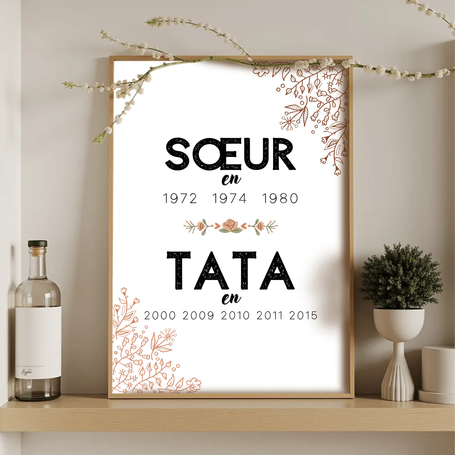 Poster dates de naissance sœur devenue tata – affiche personnalisable