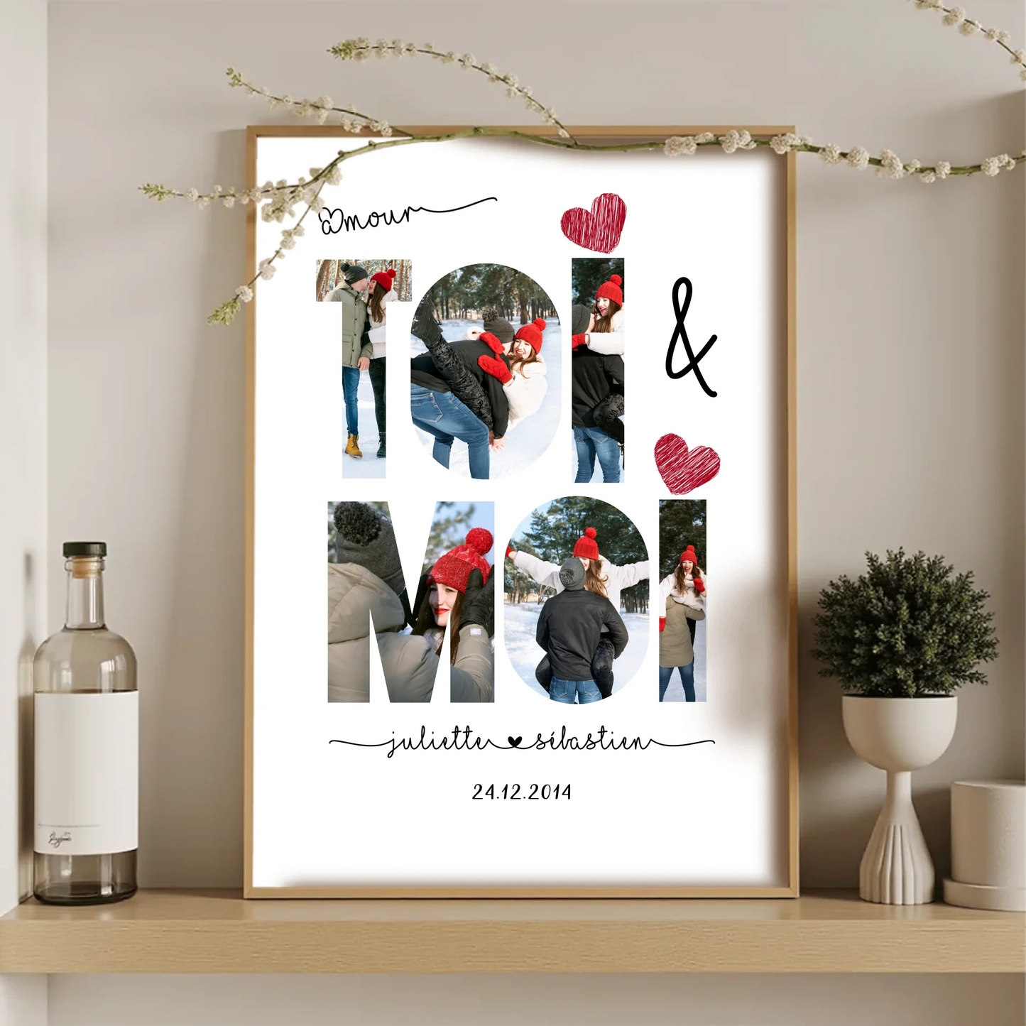 Cadeau couple personnalisé avec collage photo et texte calligraphié