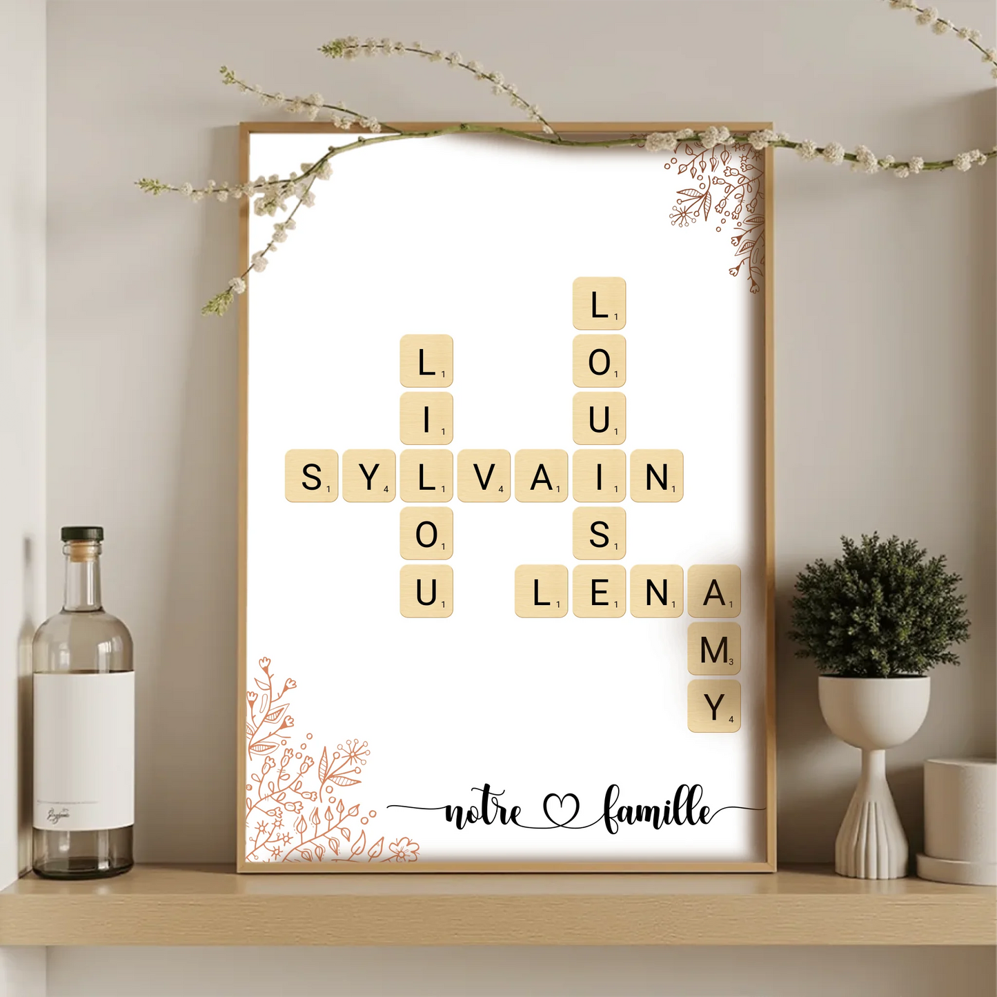 Affiche originale Notre famille – mots croisés personnalisés sur fond blanc