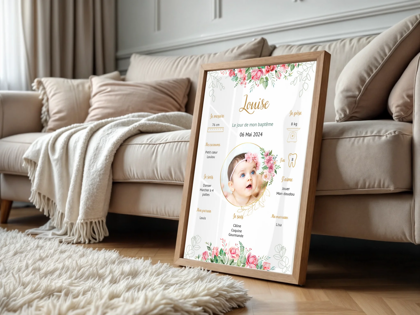 Affiche personnalisée Baptême ou Anniversaire "Bohème Roses"Plume Revedor