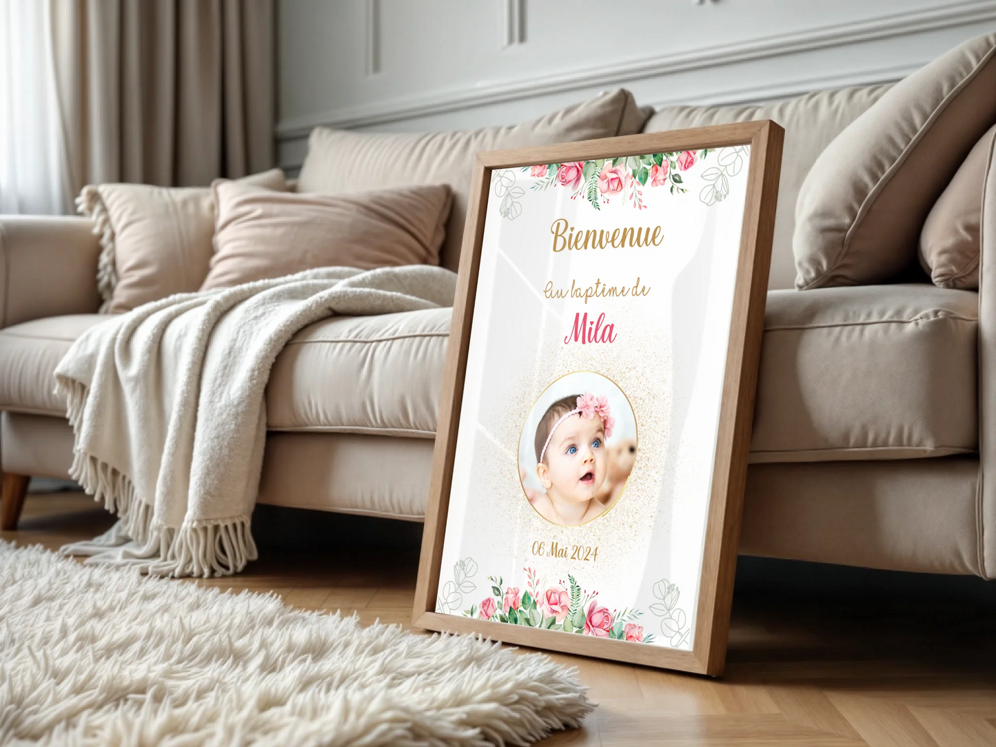 Affiche personnalisée Baptême ou Anniversaire Bienvenue "Bohème Roses"Plume Revedor