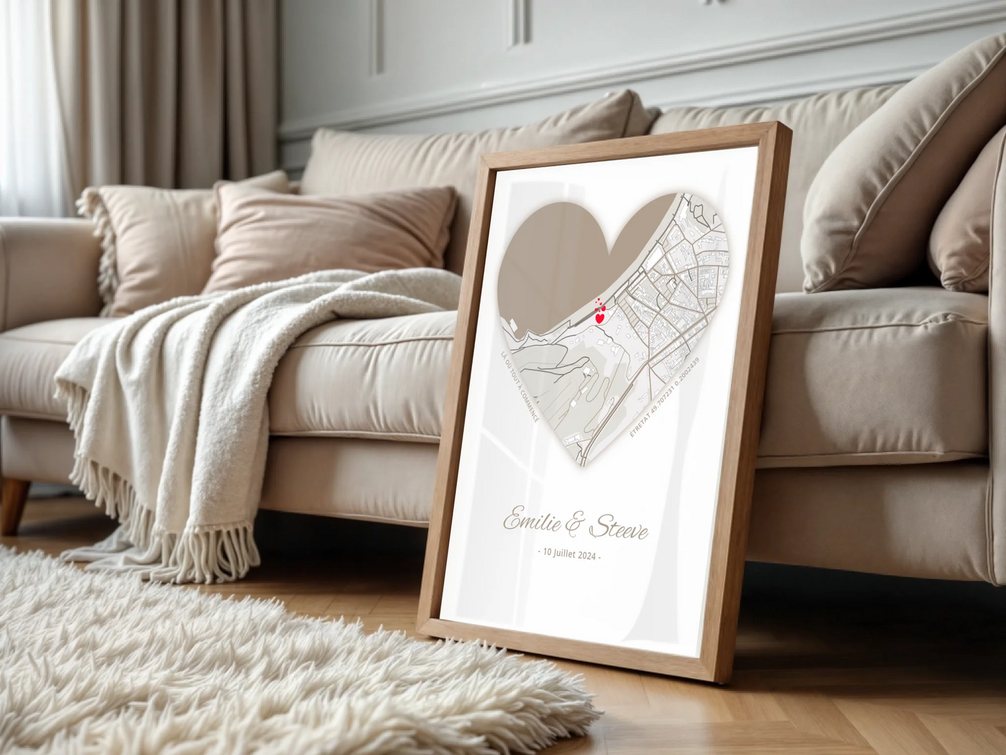 Affiche personnalisée couple carte du lieu de rencontre Cœur - cadeau Plume Revedor