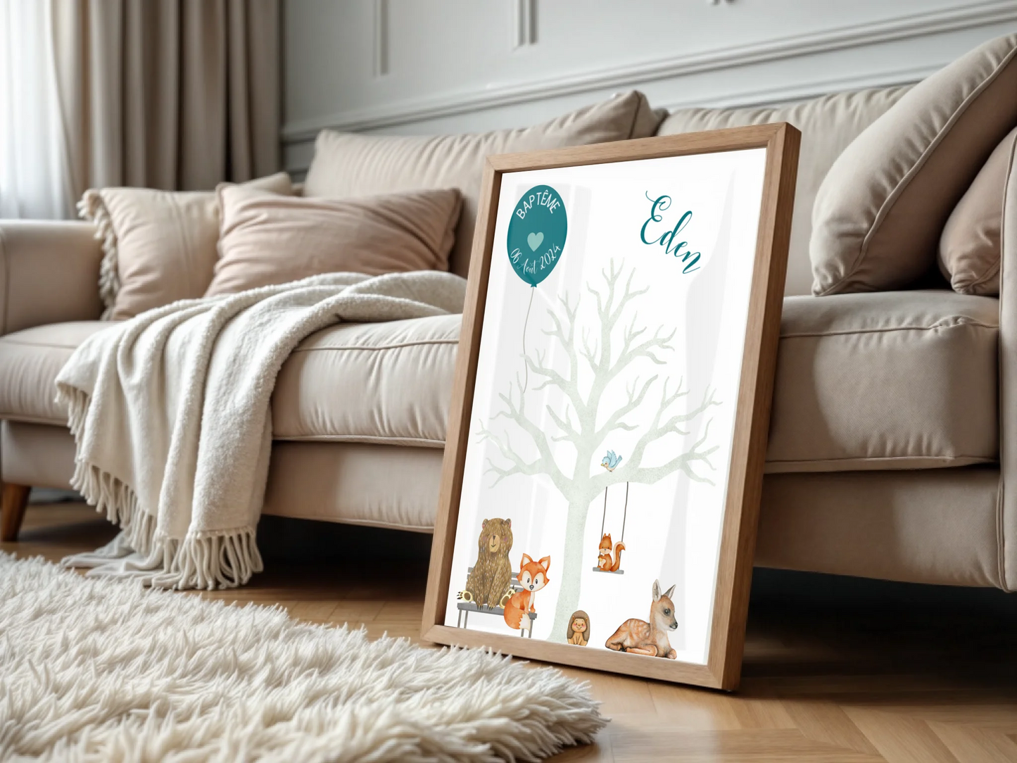 Affiche personnalisée - Baptême ou Anniversaire arbre à empreintes aniPlume Revedor