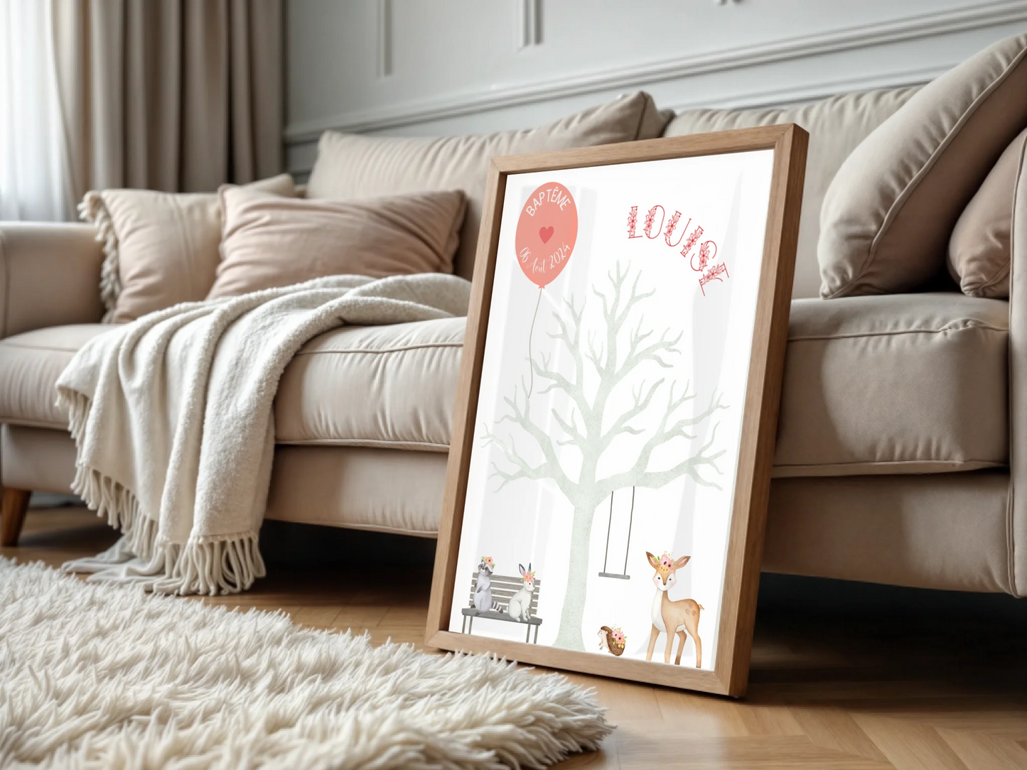 Affiche personnalisée - Baptême ou Anniversaire arbre à empreintes aniPlume Revedor