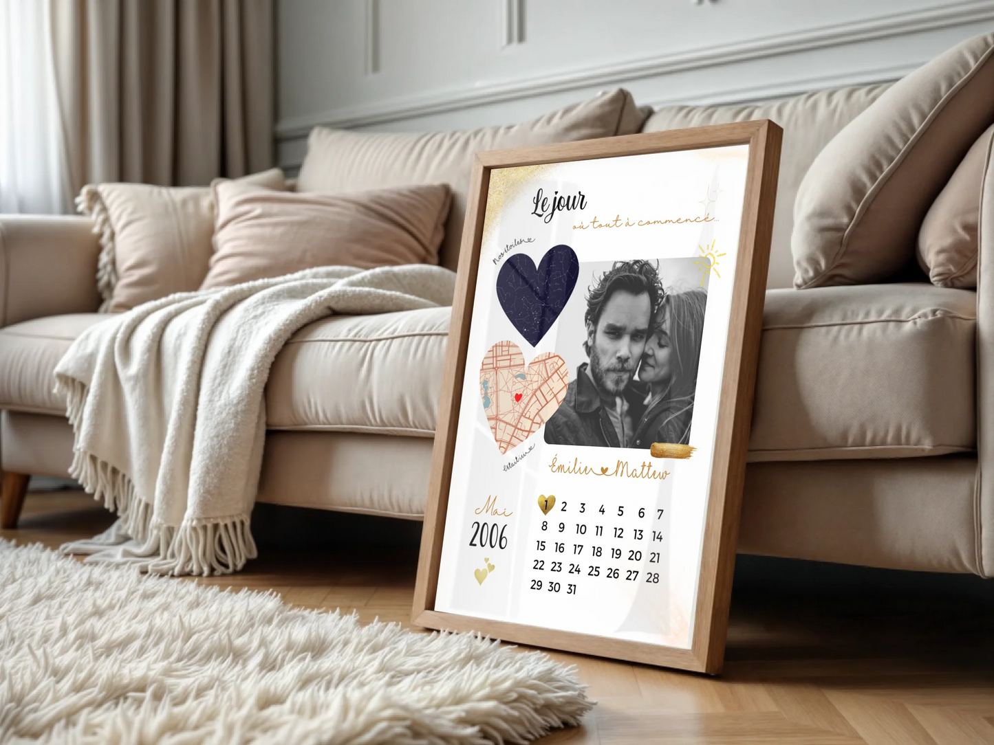 Affiche Personnalisée - couple Calendrier date, photo, Plan et Carte dPlume Revedor