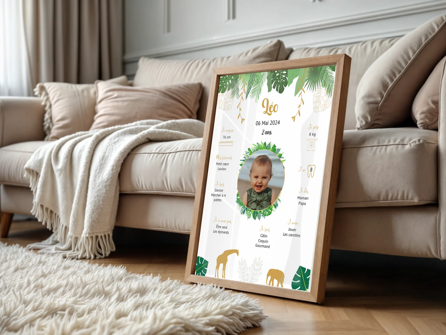 Affiche personnalisée - Anniversaire Baptême Jungle Girafe éléphantPlume Revedor