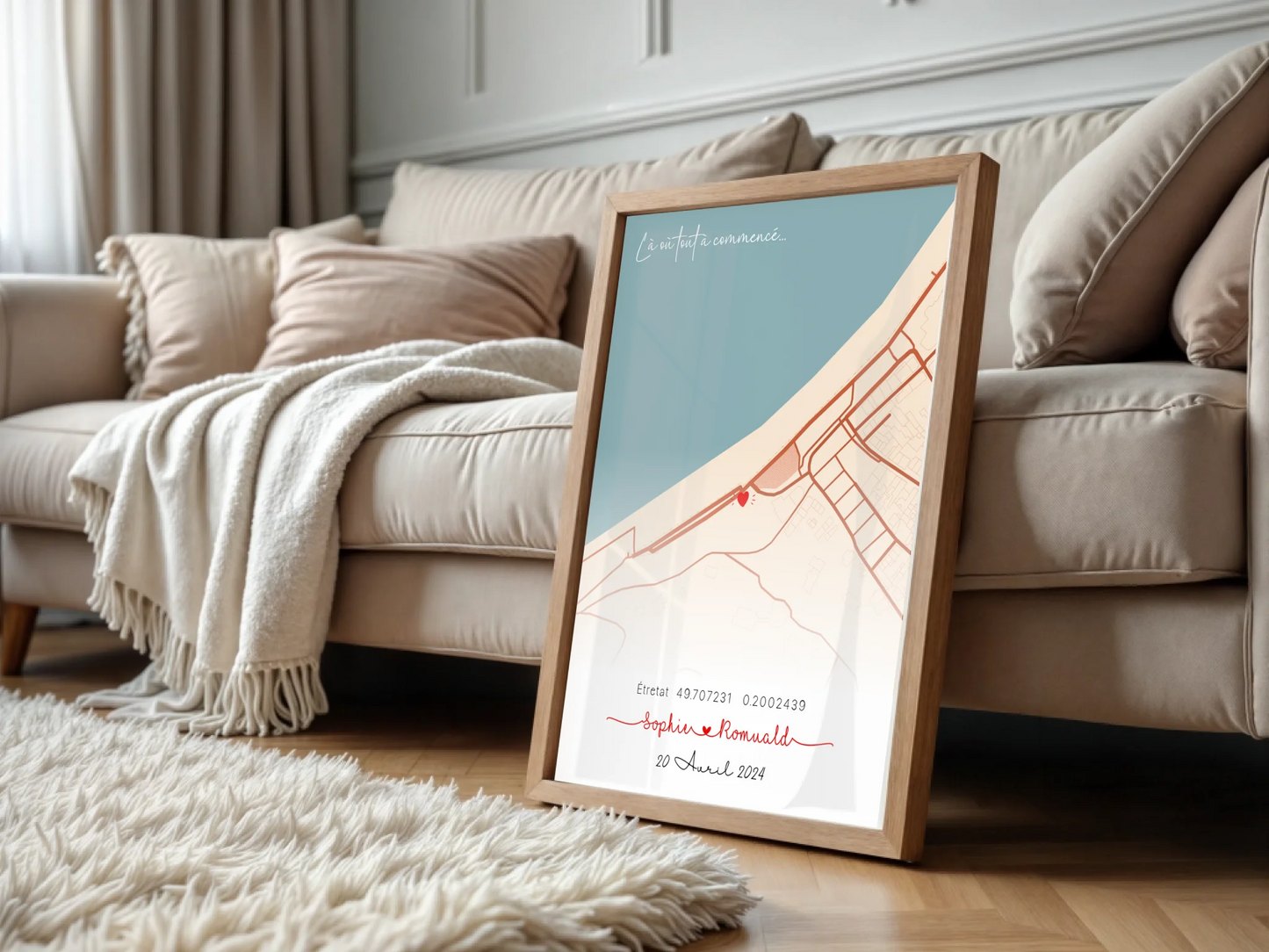 Affiche personnalisée - couple carte du lieu de rencontre - là où toutPlume Revedor