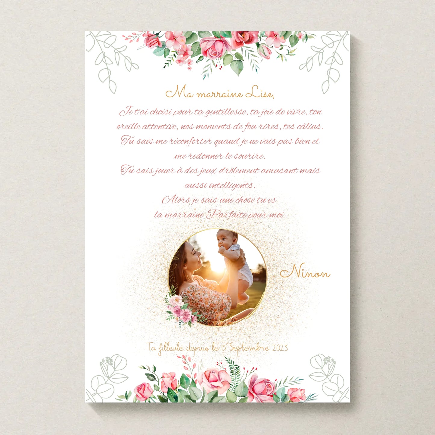 Affiche personnalisée - Marraine ou Parrain avec Texte et photo - cadeau personnalisé Marraine Parrain