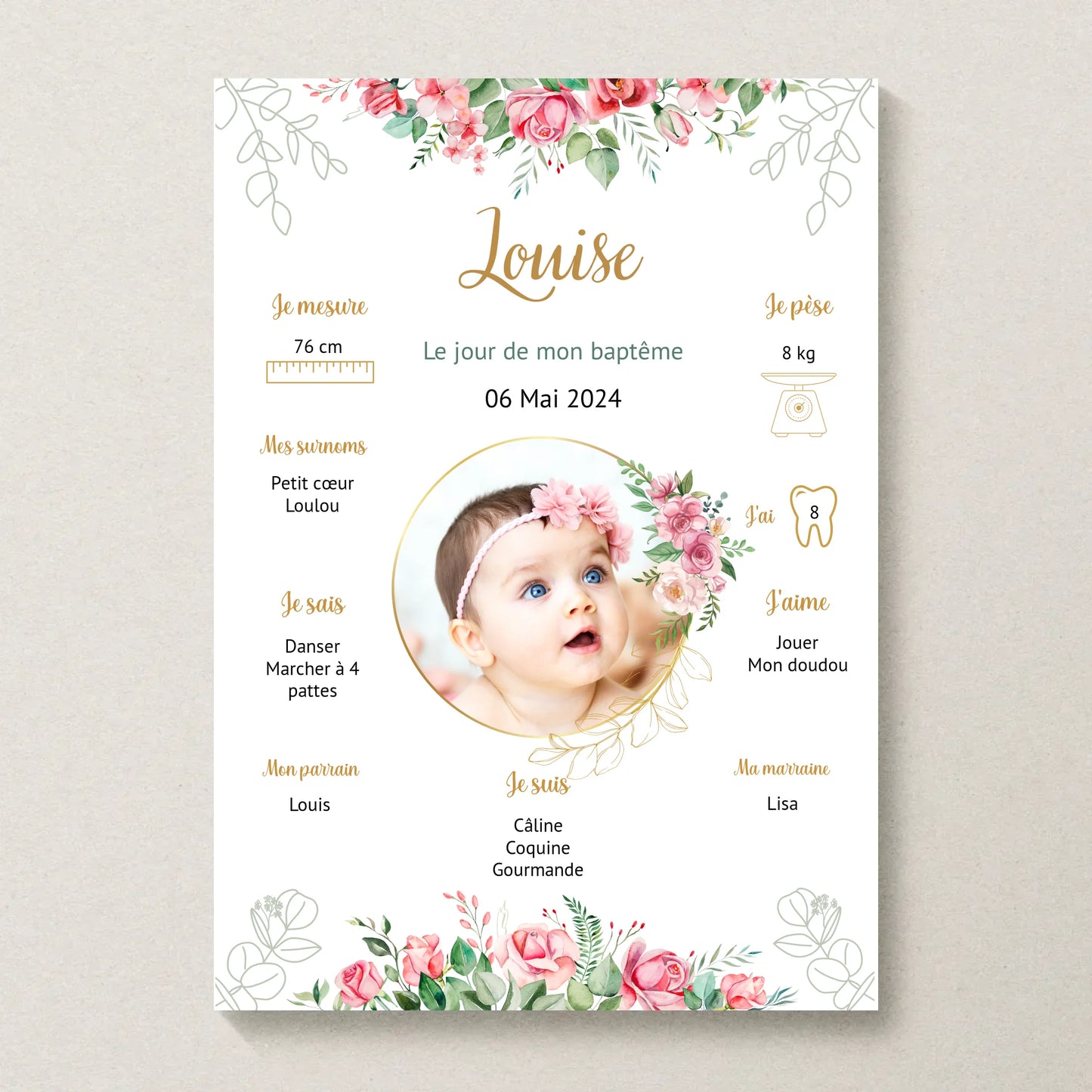 Affiche personnalisée Baptême ou Anniversaire "Bohème Roses"Plume Revedor