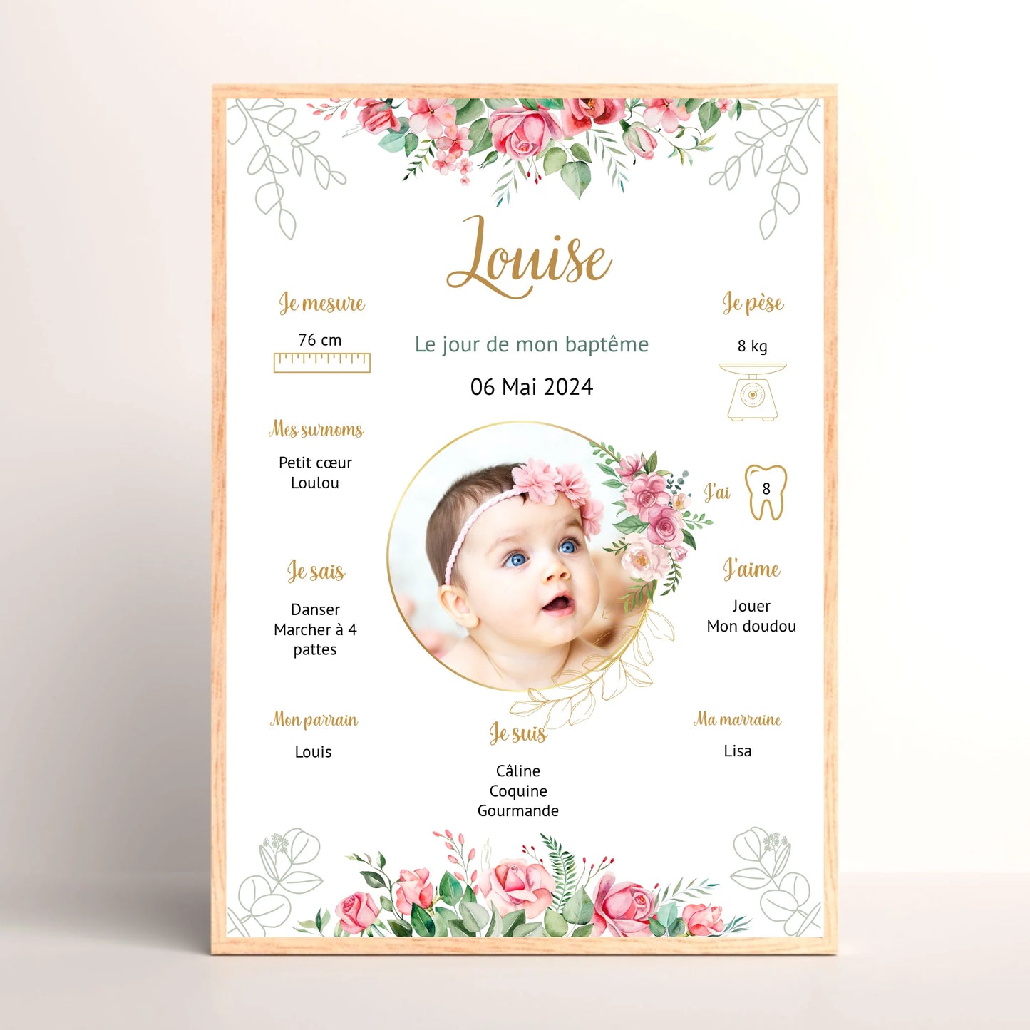 Affiche personnalisée Baptême ou Anniversaire "Bohème Roses"Plume Revedor