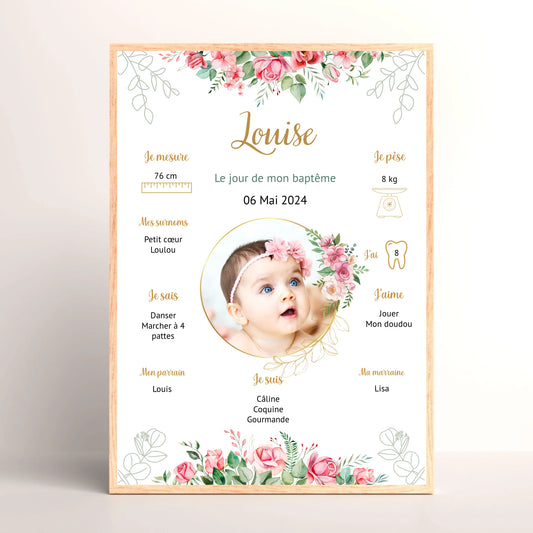 Affiche personnalisée Baptême ou Anniversaire "Bohème Roses"Plume Revedor