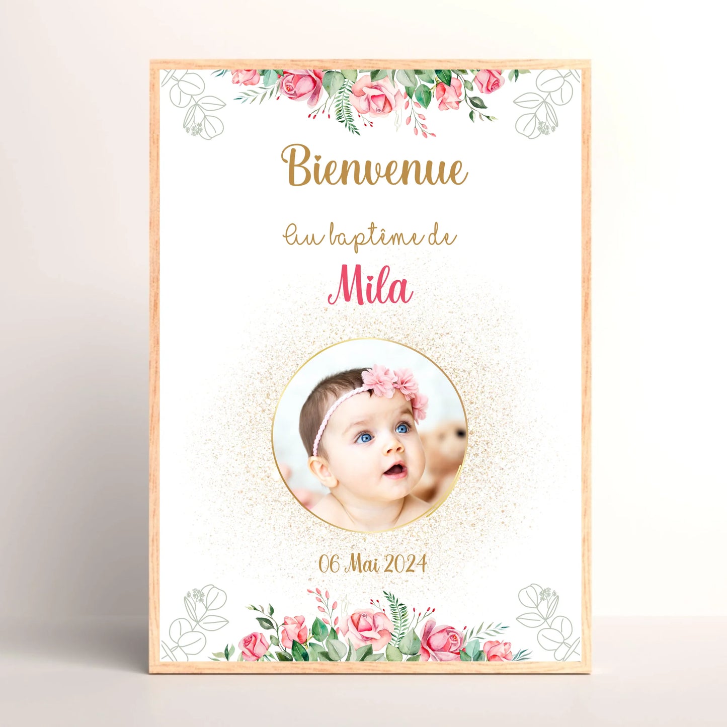 Affiche personnalisée Baptême ou Anniversaire Bienvenue "Bohème Roses"Plume Revedor