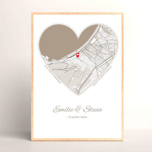 Affiche personnalisée couple carte du lieu de rencontre Cœur - cadeau Plume Revedor
