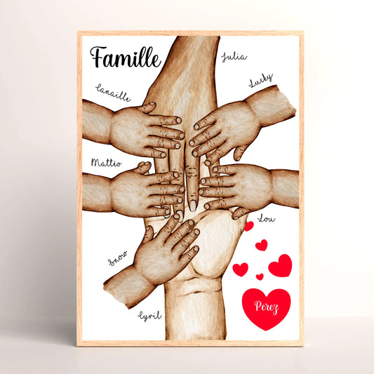 Affiche Famille Personnalisée - Mains et animaux - Cadeau personnaliséPlume Revedor