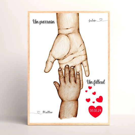 Affiche personnalisée - Mains Parrain Marraine Filleul(e) - Cadeau bapPlume Revedor