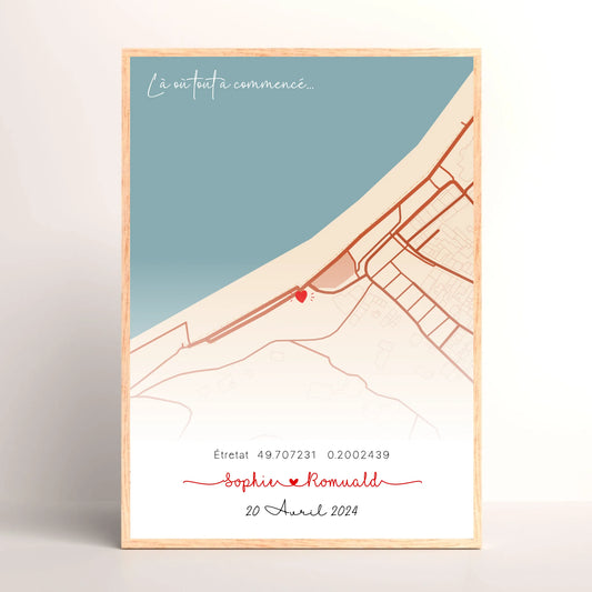 Affiche personnalisée - couple carte du lieu de rencontre - là où toutPlume Revedor