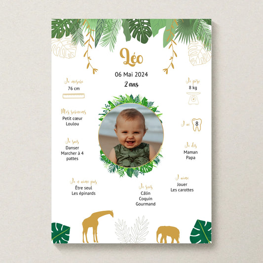 Affiche personnalisée - Anniversaire Baptême Jungle Girafe éléphantPlume Revedor