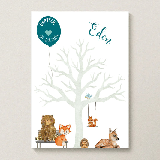 Affiche personnalisée - Baptême ou Anniversaire arbre à empreintes aniPlume Revedor