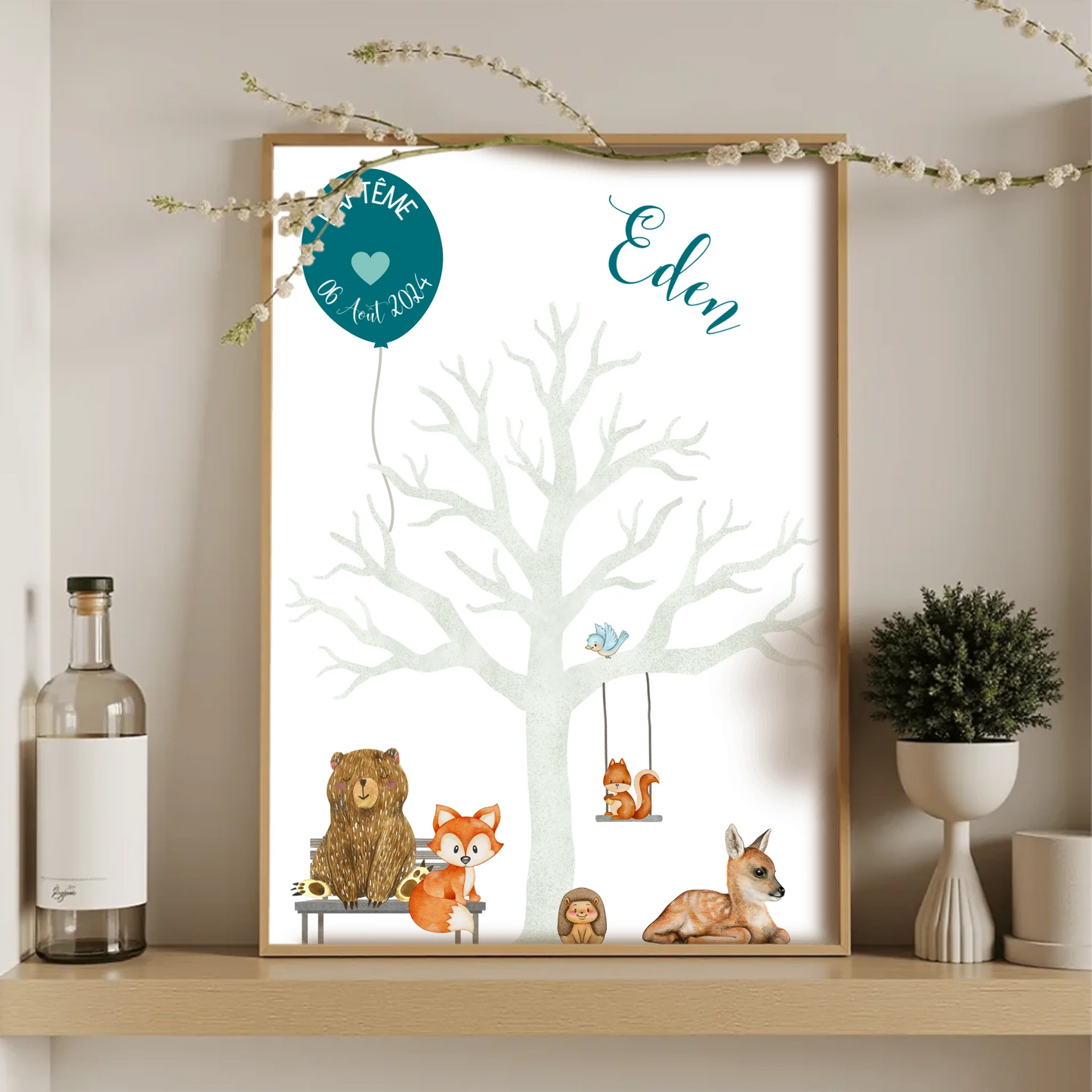 Affiche personnalisée - Baptême ou Anniversaire arbre à empreintes aniPlume Revedor