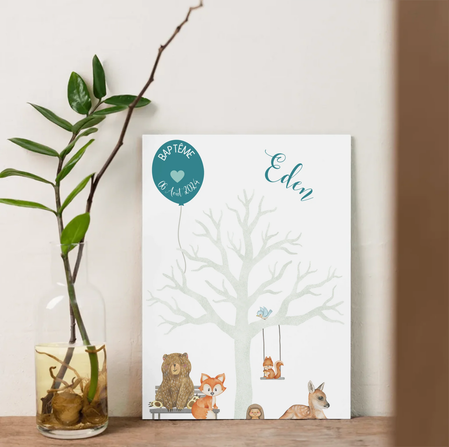 Affiche personnalisée - Baptême ou Anniversaire arbre à empreintes aniPlume Revedor