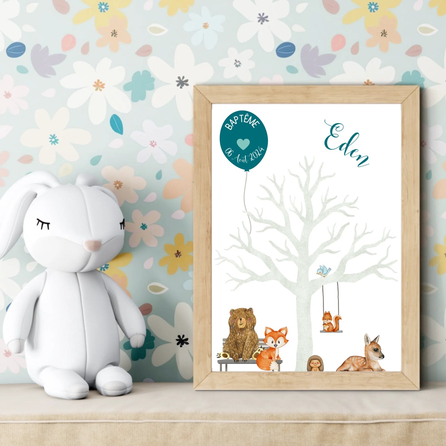 Affiche personnalisée - Baptême ou Anniversaire arbre à empreintes aniPlume Revedor