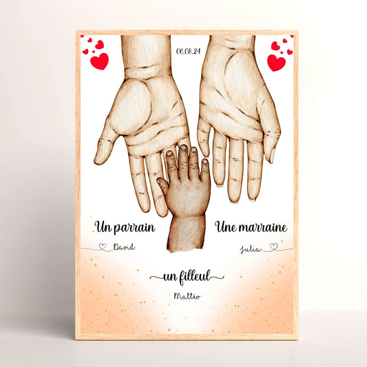 Affiche personnalisée - Main dans la main Parrain Marraine et Filleul(Plume Revedor