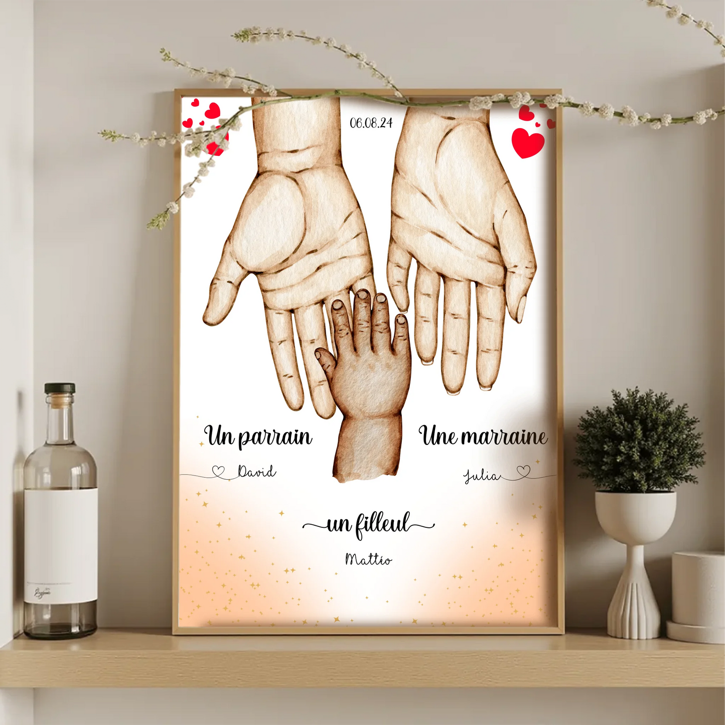 Affiche personnalisée - Main dans la main Parrain Marraine et Filleul(Plume Revedor