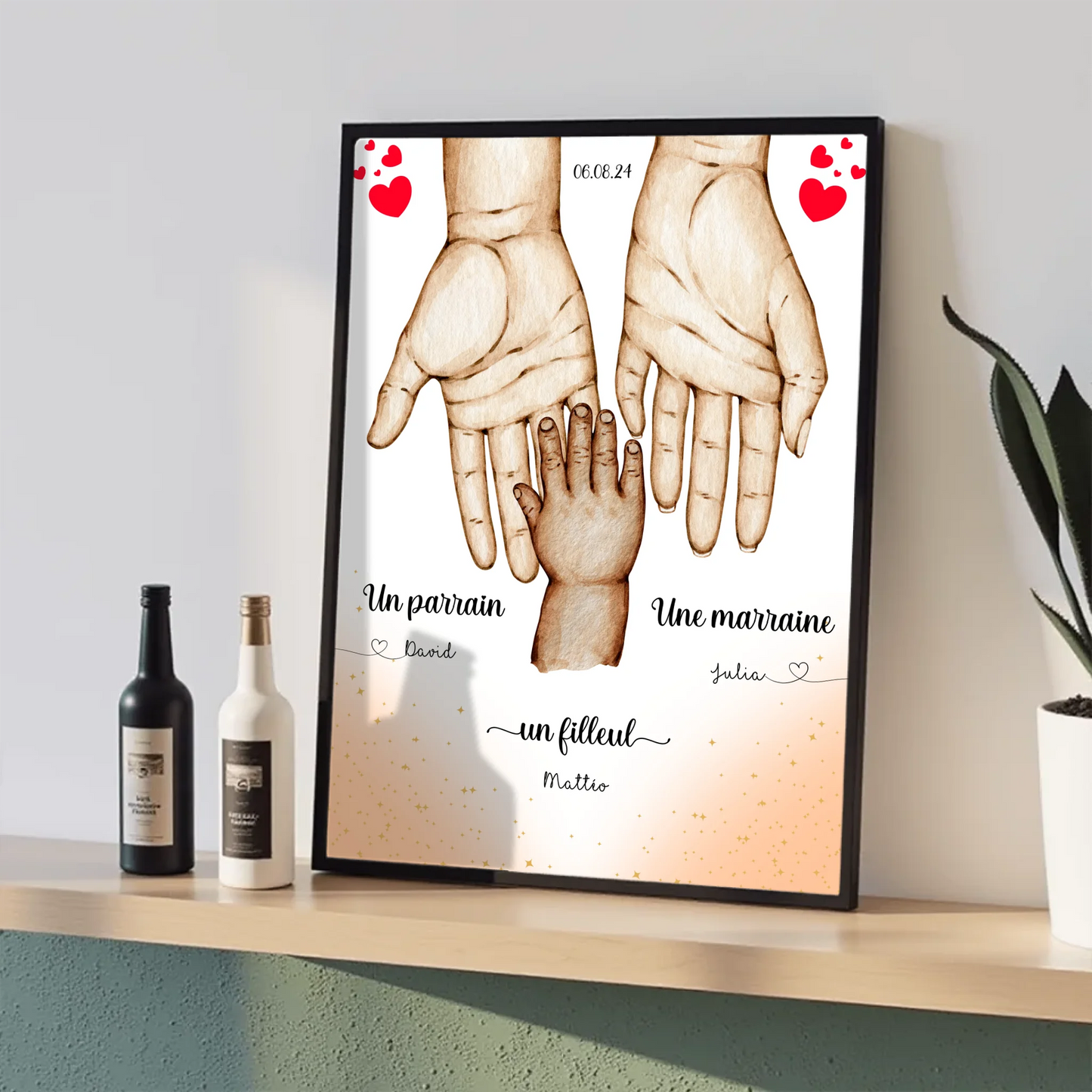Affiche personnalisée - Main dans la main Parrain Marraine et Filleul(Plume Revedor