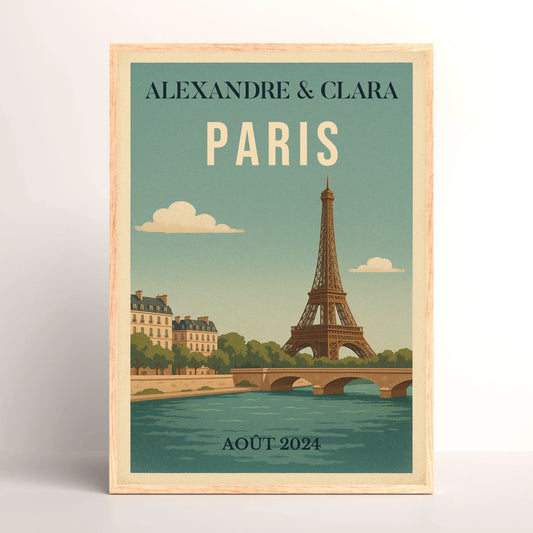 Affiche vintage personnalisée Paris – Tour Eiffel & Pont sur la SeinePlume Revedor