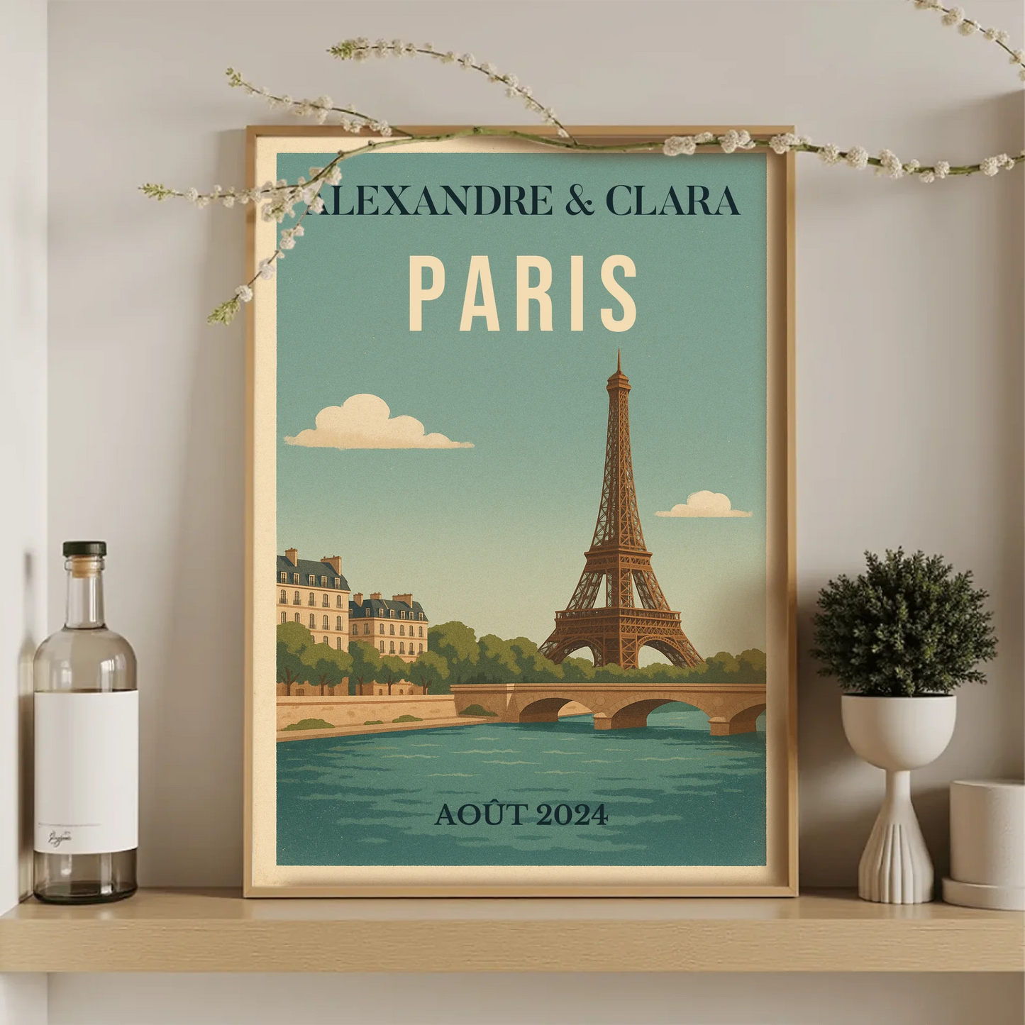 Affiche vintage personnalisée Paris – Tour Eiffel & Pont sur la SeinePlume Revedor