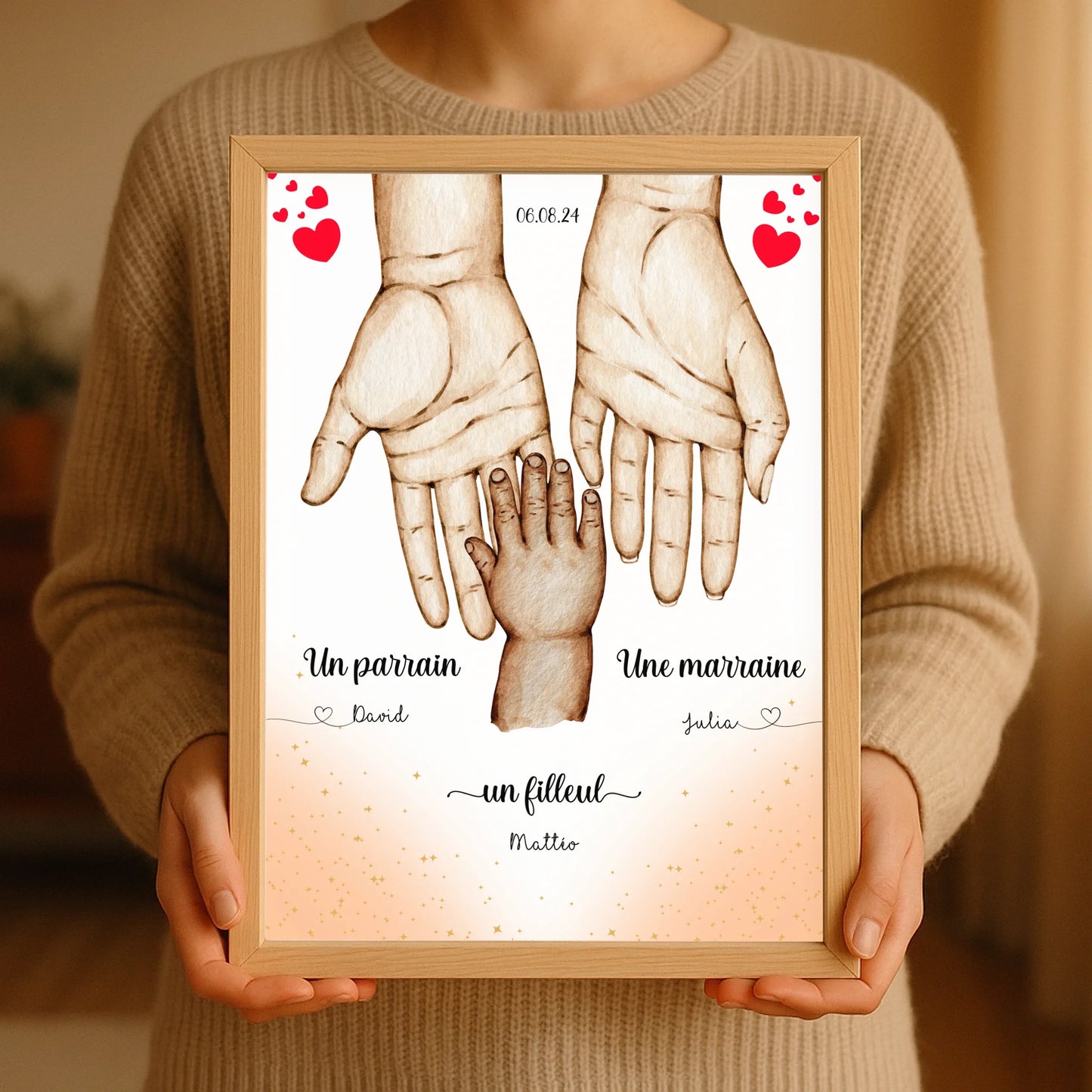 Affiche personnalisée - Main dans la main Parrain Marraine et Filleul(Plume Revedor