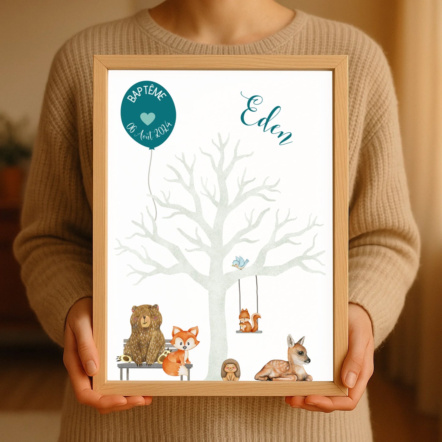 Affiche personnalisée - Baptême ou Anniversaire arbre à empreintes aniPlume Revedor