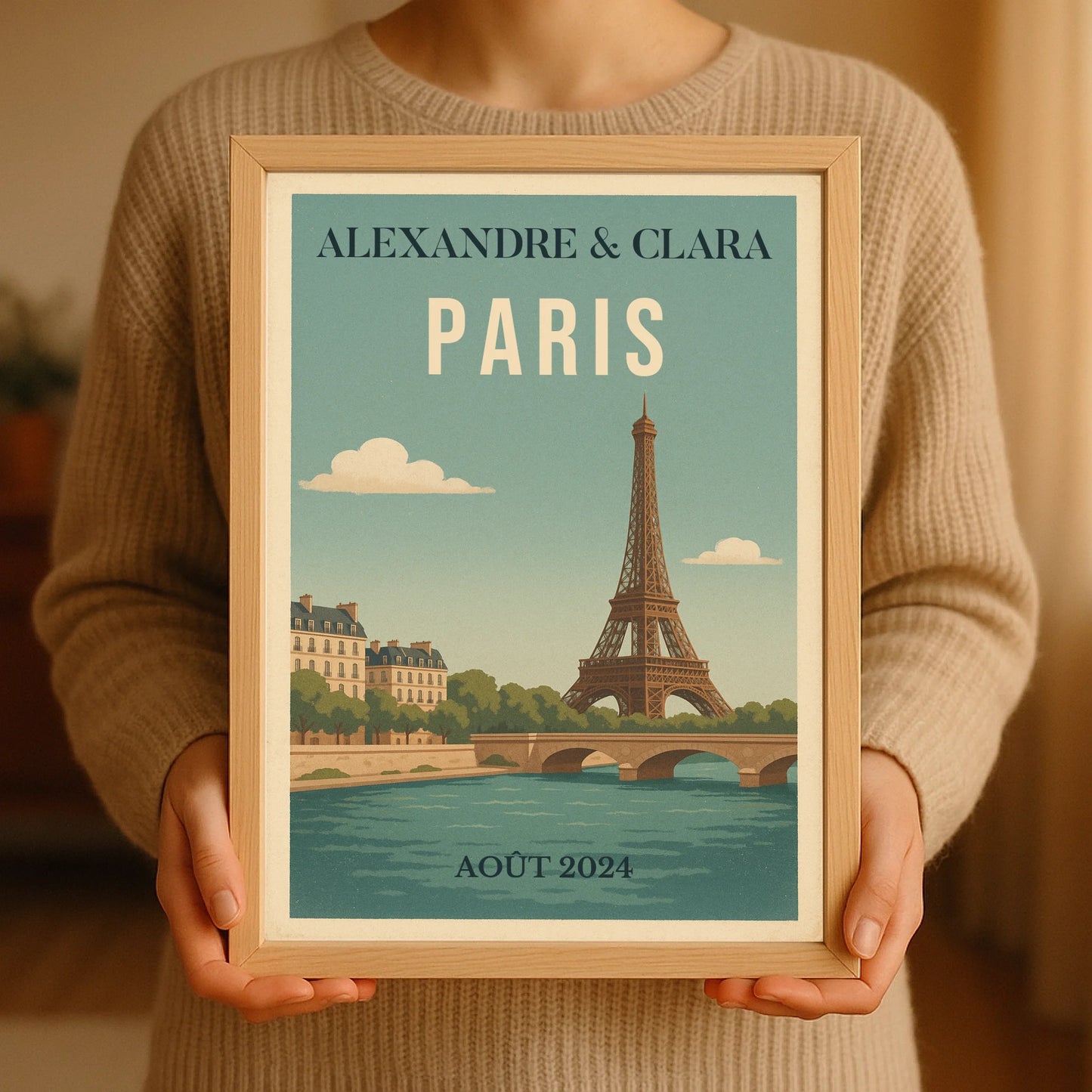 Affiche vintage personnalisée Paris – Tour Eiffel & Pont sur la SeinePlume Revedor