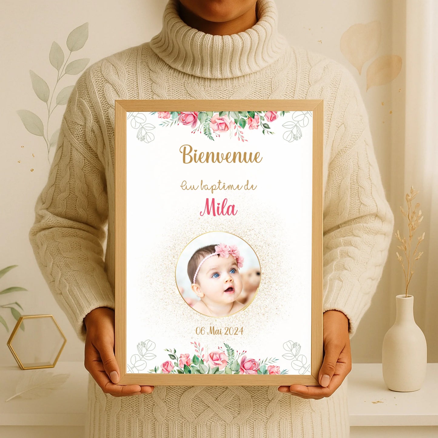 Affiche personnalisée Baptême ou Anniversaire Bienvenue "Bohème Roses"Plume Revedor