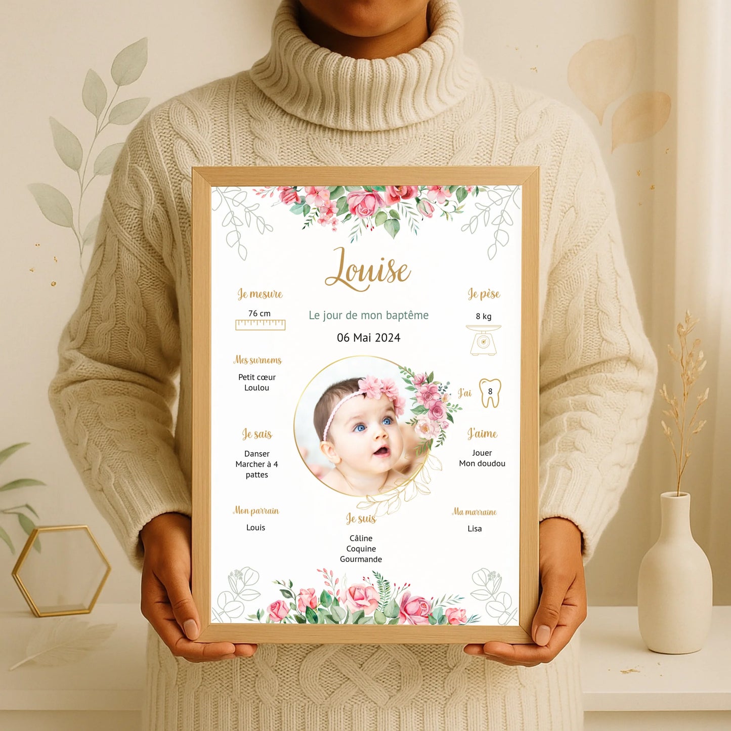 Affiche personnalisée Baptême ou Anniversaire "Bohème Roses"Plume Revedor
