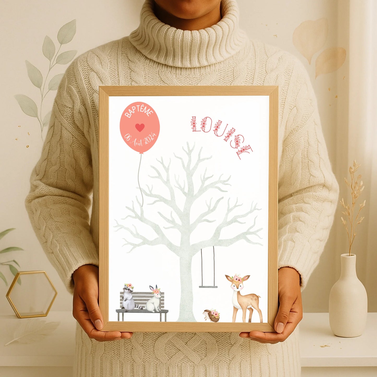 Affiche personnalisée - Baptême ou Anniversaire arbre à empreintes aniPlume Revedor