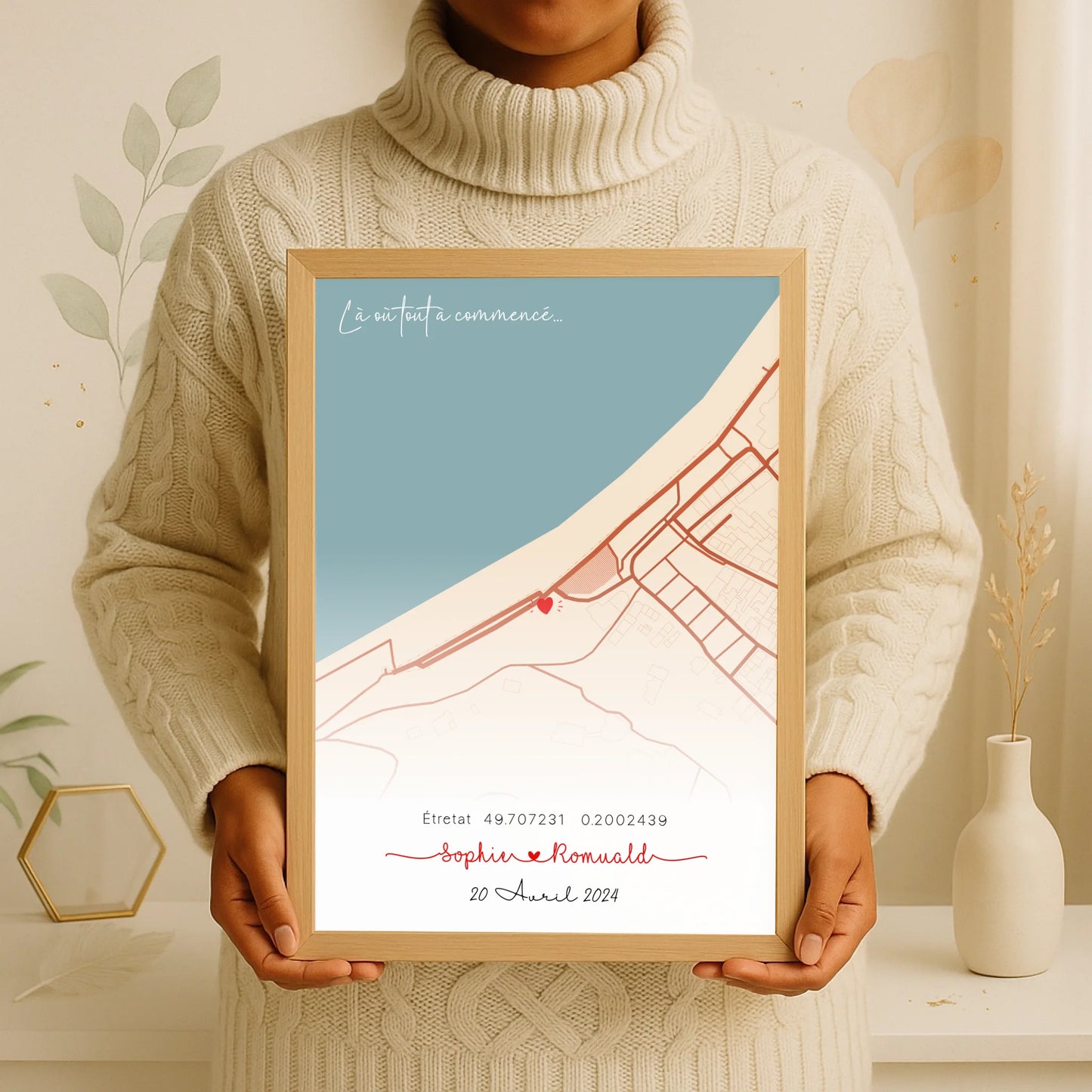 Affiche personnalisée - couple carte du lieu de rencontre - là où toutPlume Revedor