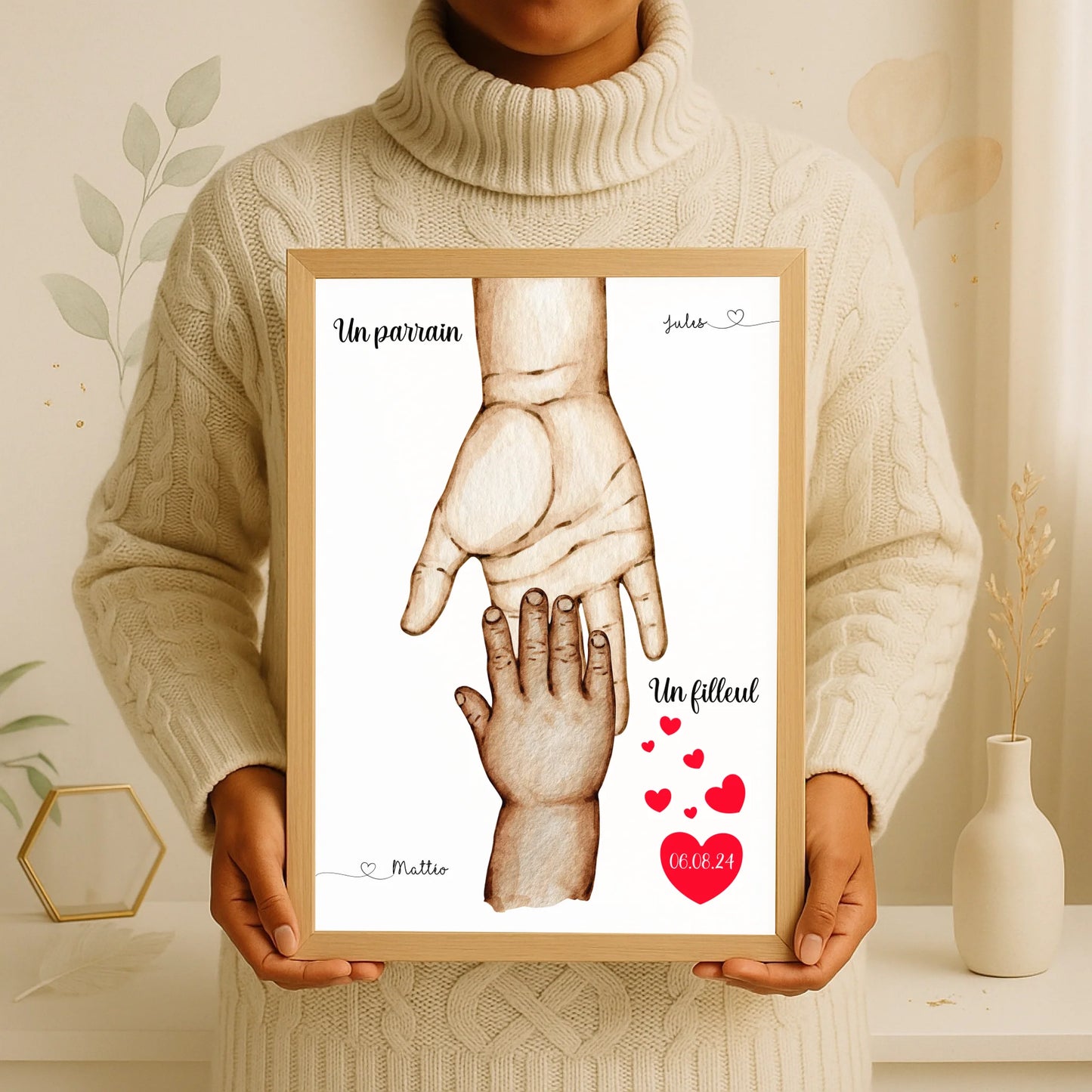 Affiche personnalisée - Mains Parrain Marraine Filleul(e) - Cadeau bapPlume Revedor